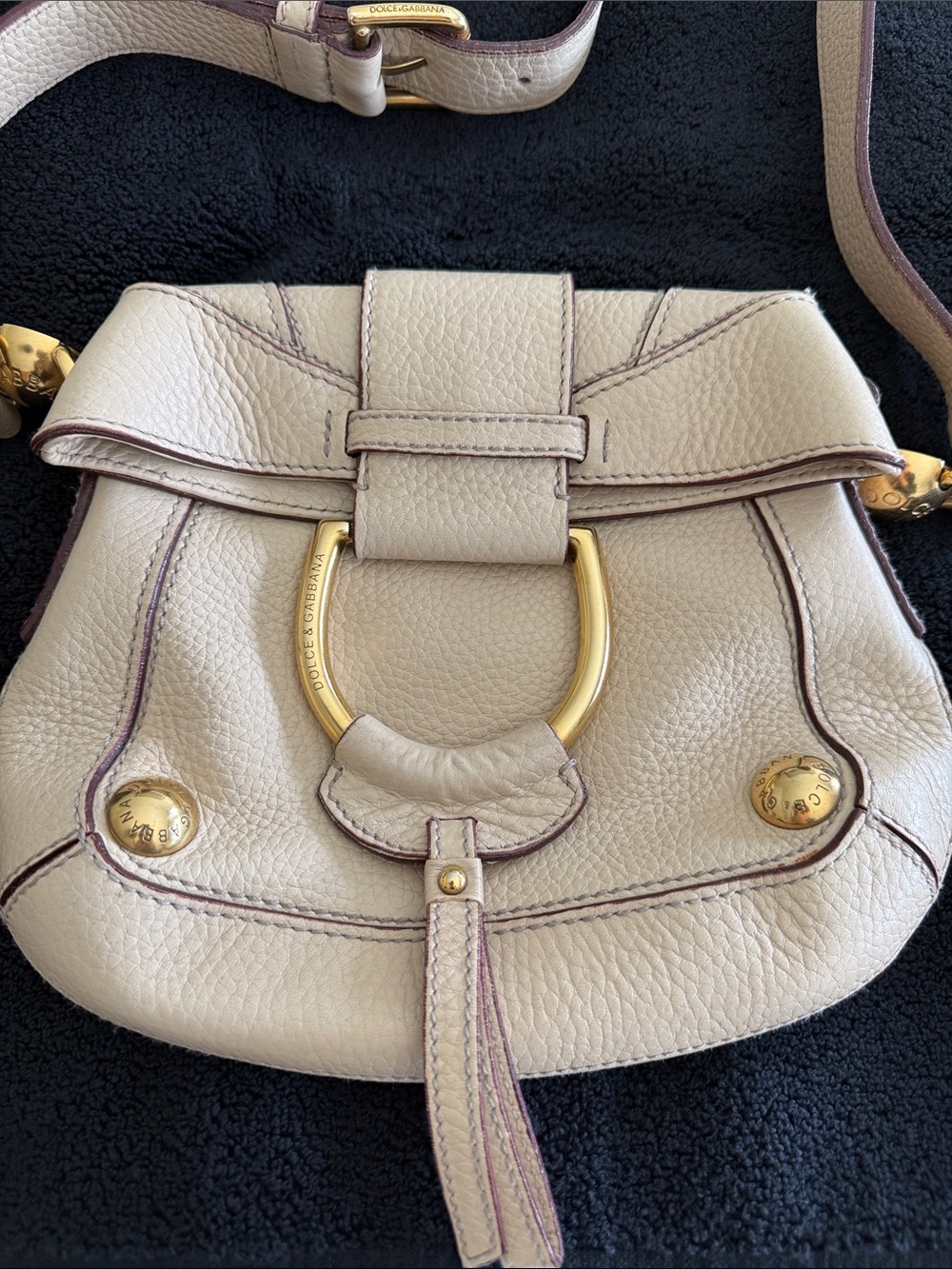 Dolce & Gabbana Beige Pebbled Leather Crossbody with Gold Hardware